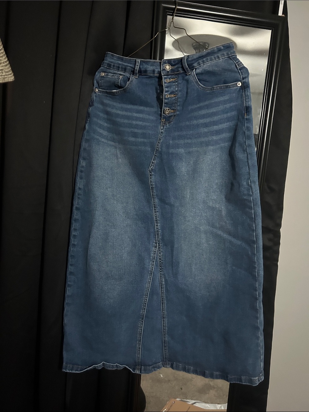 High-Waist Button-Front Denim Maxi Skirt - Blue